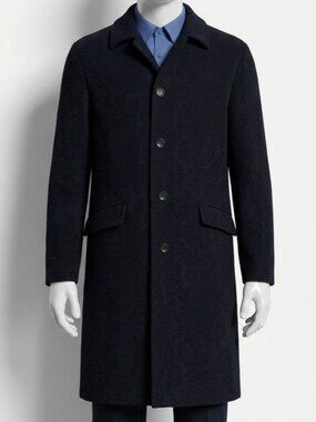 ETRO Men's Blue Wool Tonal Paisley Jacquard Collared Long Sleeve Coat Size 50